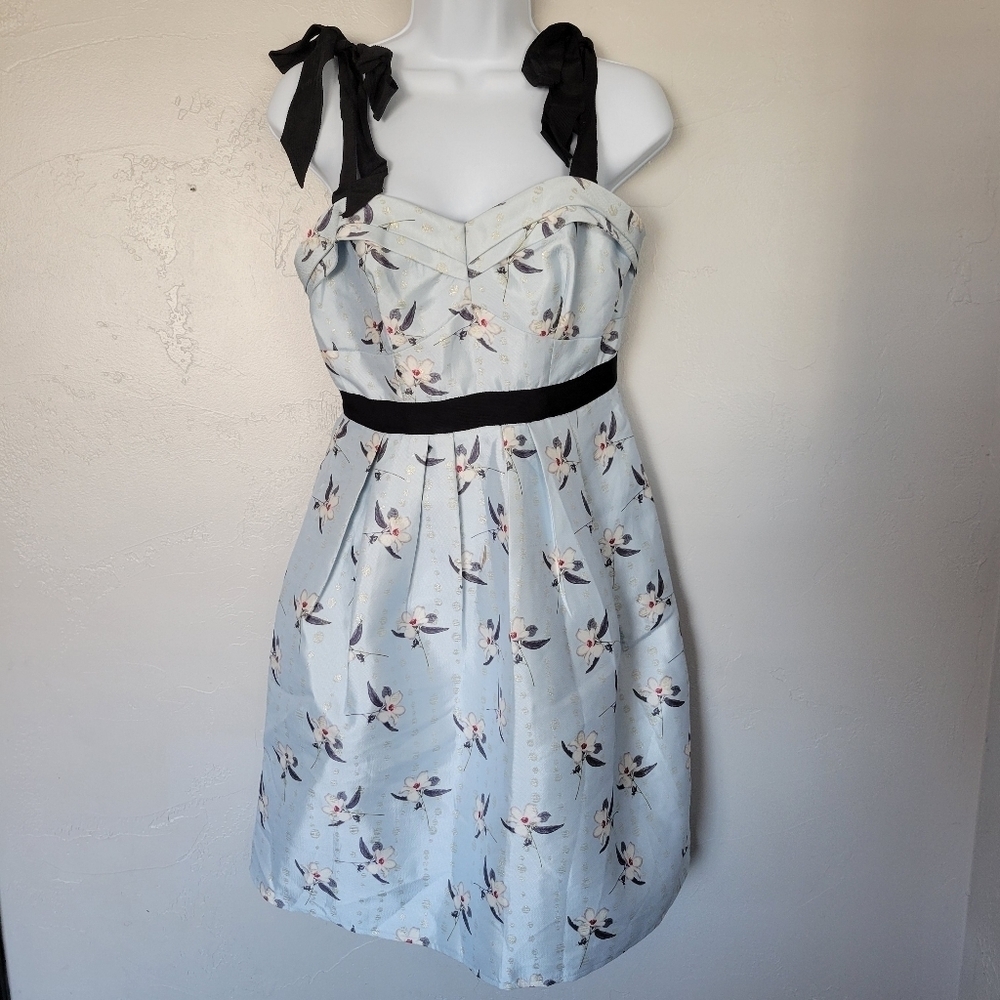 Anthropologie Foxiedox NWOT Small Light Blue Mini Dress Gold Polka Dots Floral